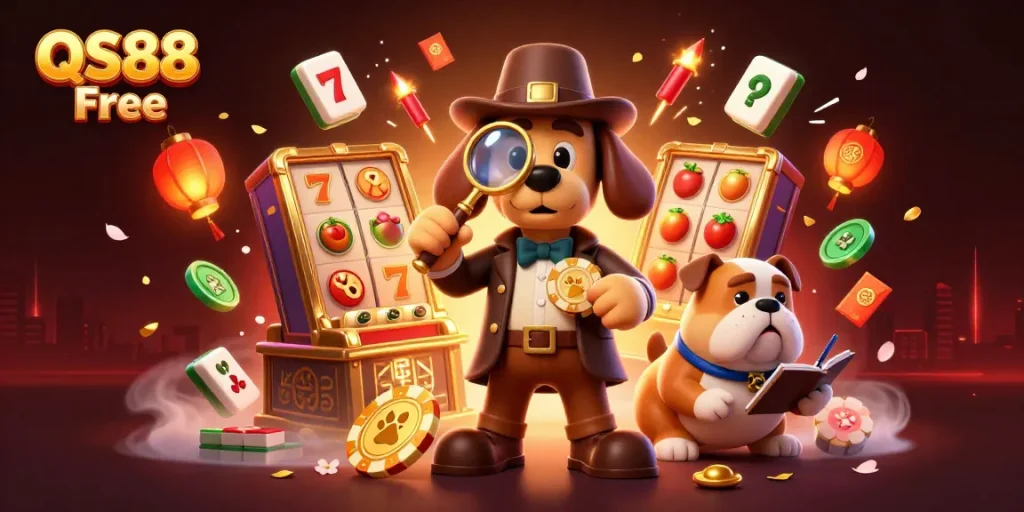 Engage in thrilling gambling at QS88 Free, featuring a detective and dog uncovering treasures with rich casino symbols.