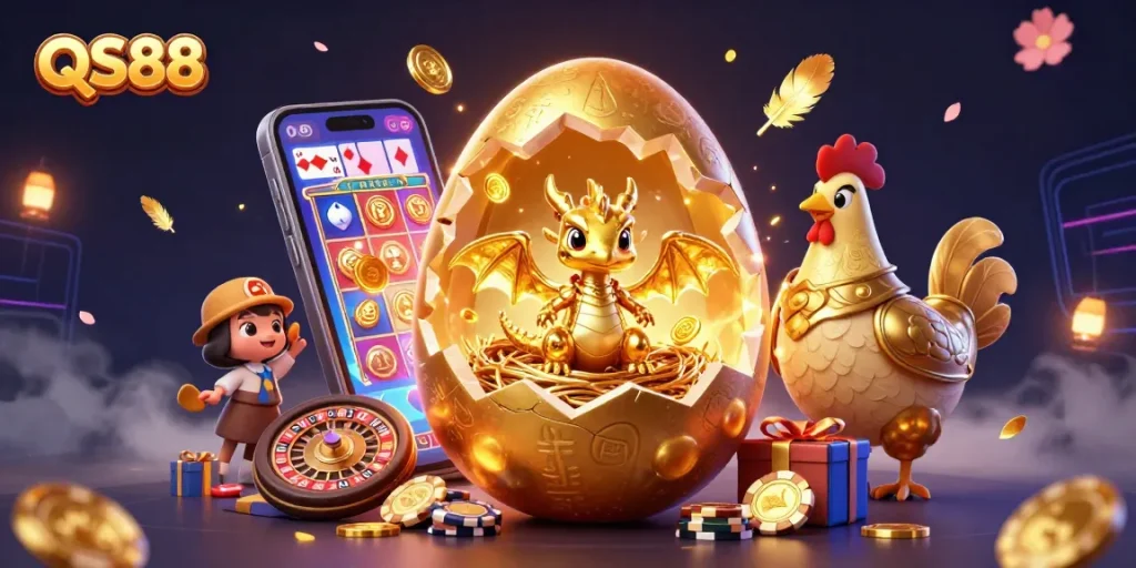 Experience the exciting QS88 world with a golden dragon, poker chips, and slot games surrounded by dynamic elements.