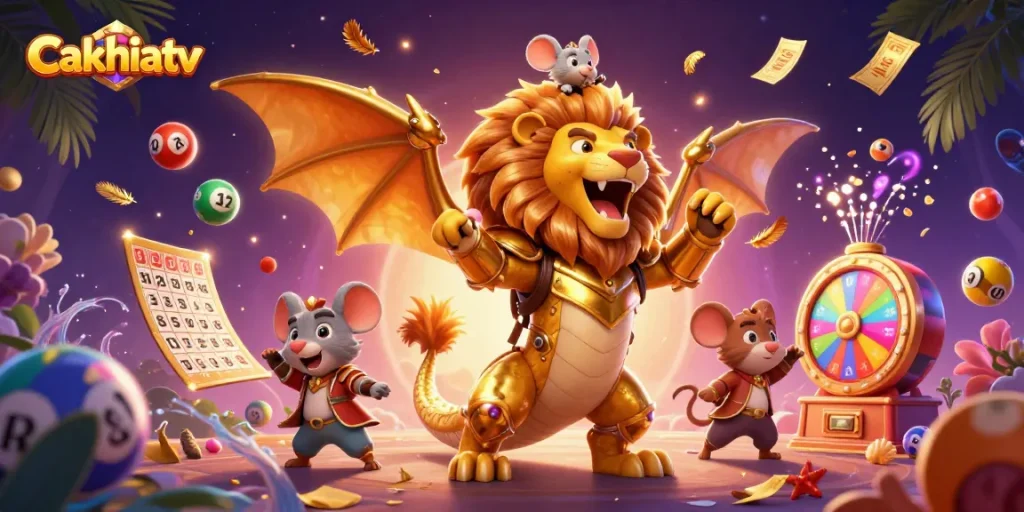Cakhiatv showcases a triumphant chimera in golden armor with colorful lottery elements, ideal for excitement in gaming.