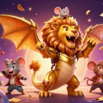 Cakhiatv showcases a triumphant chimera in golden armor with colorful lottery elements, ideal for excitement in gaming.