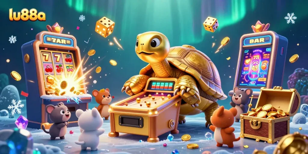 Engage with exciting casino games at lu88a featuring a lively golden tortoise pinball machine and jackpot slots.