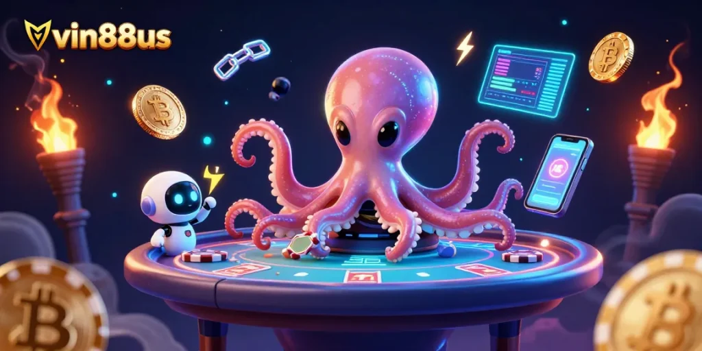 Win big at vin88us with a cartoon alien octopus running a poker game in space.