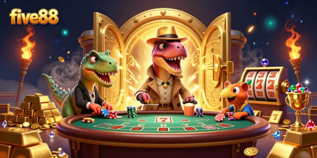 five88: cartoon velociraptor counter at blackjack table surrounded by riches and action
