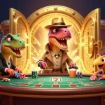 five88: cartoon velociraptor counter at blackjack table surrounded by riches and action