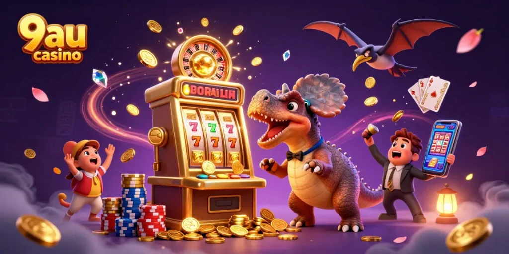 Catch the jackpot with 9au casino's golden slot machine and dynamic casino characters.