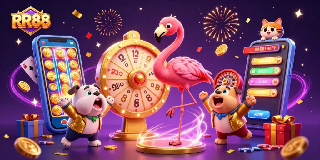 RR88 gaming scene with flamingo host, bulldog contestant, and festive prizes