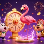 RR88 gaming scene with flamingo host, bulldog contestant, and festive prizes