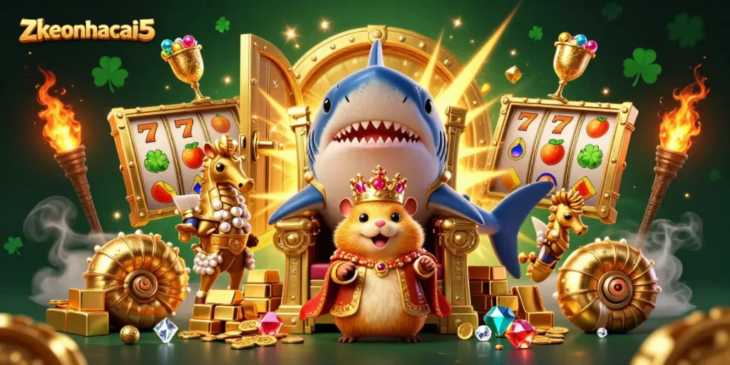 Experience zkeonhacai5 with the fierce hamster king amidst spinning slot reels and treasures!