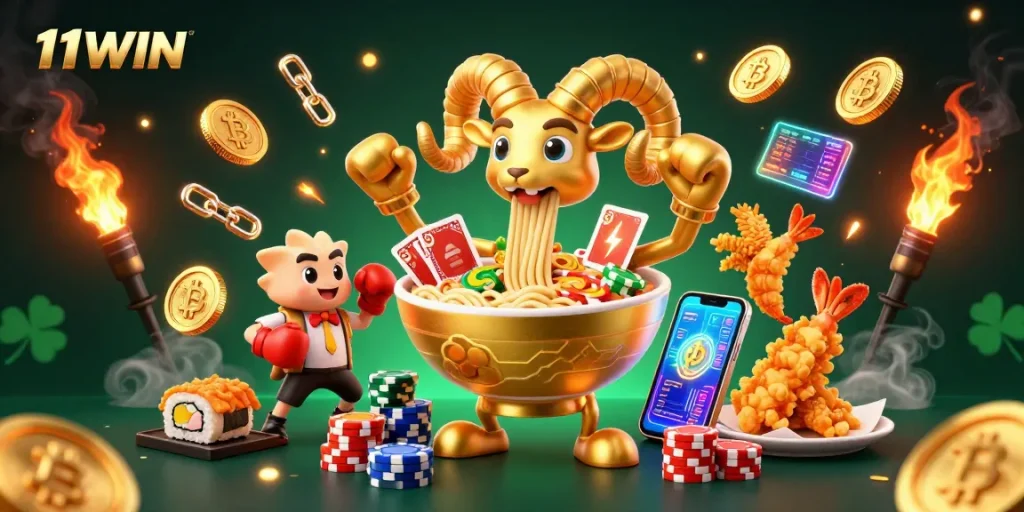 Experience the vibrant energy of 11WIN with a colorful 3D casino-themed illustration.