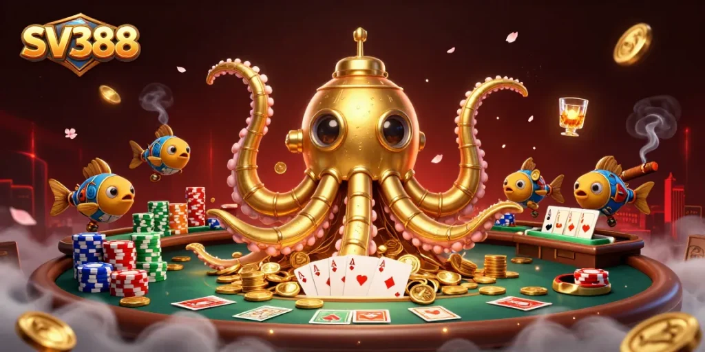 Experience the excitement of SV388 with a vibrant underwater casino adventure featuring a kraken and poker elements.