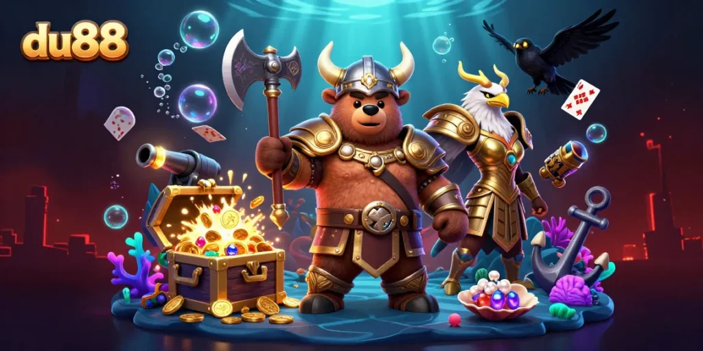 Experience thrilling gaming adventures at du88 with a Viking bear and Valkyrie eagle in action.