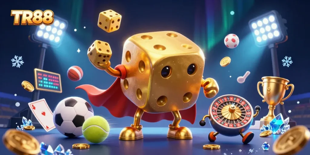 TR88 offers a vivid gaming experience with a vibrant scene of a golden dice golem, dynamic sports balls, and casino elements.