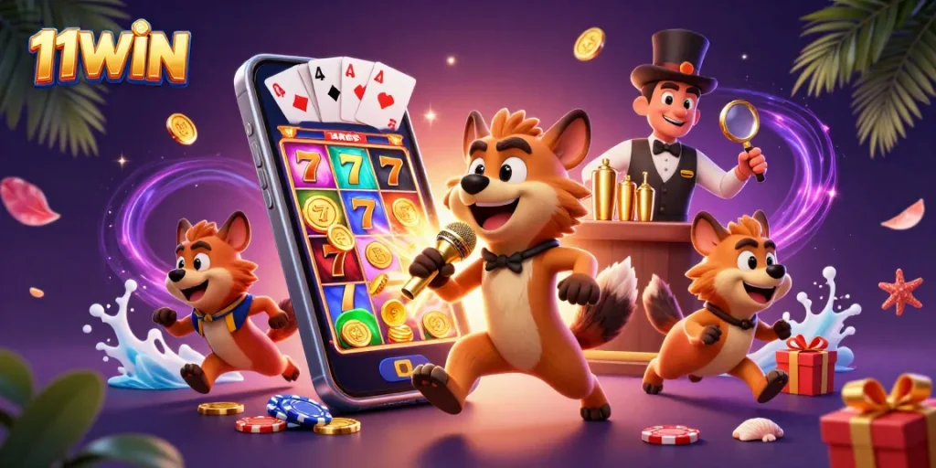 Enjoy thrilling gameplay at 11WIN casino with hyenas running a comedy club and vibrant gaming elements.