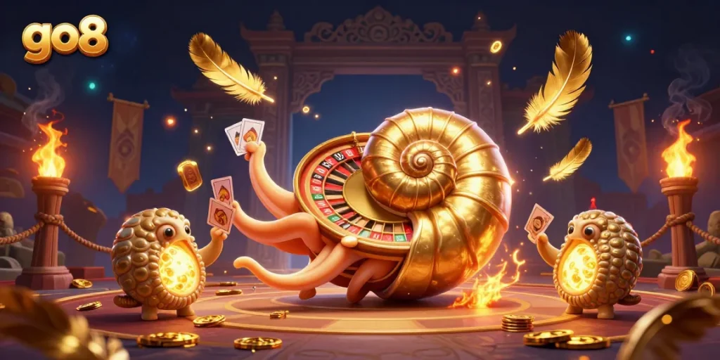 Experience the thrilling action of go8 with a giant nautilus roulette wheel surrounded by glowing cards and game elements.