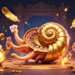 Experience the thrilling action of go8 with a giant nautilus roulette wheel surrounded by glowing cards and game elements.