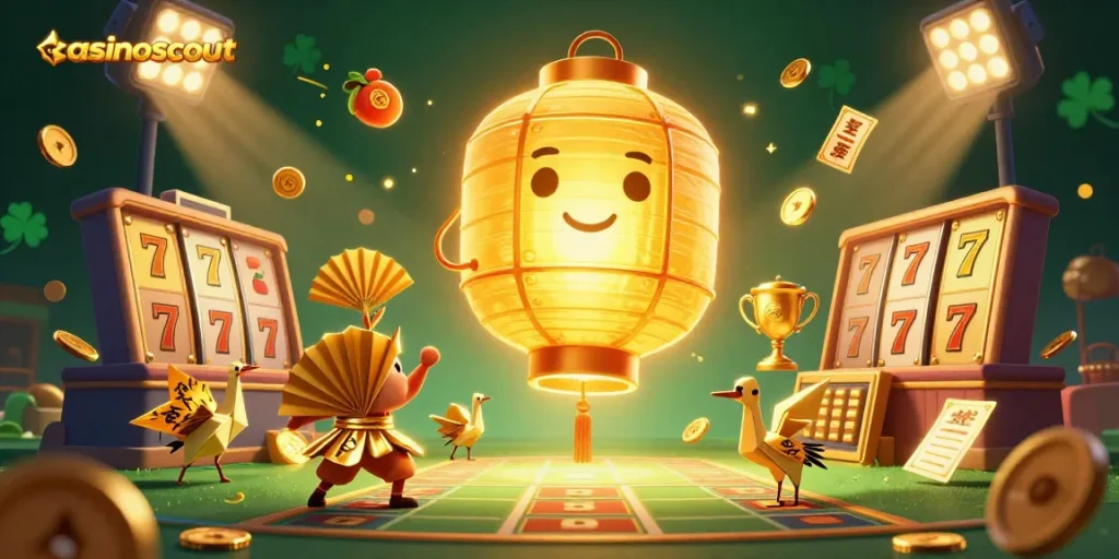 Experience casinoscout's vibrant online gaming scene featuring dynamic slot game elements and golden lantern spirit.