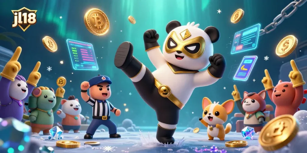Engage with thrilling jl18 gaming action featuring a panda wrestler in a vibrant 3D illustration.