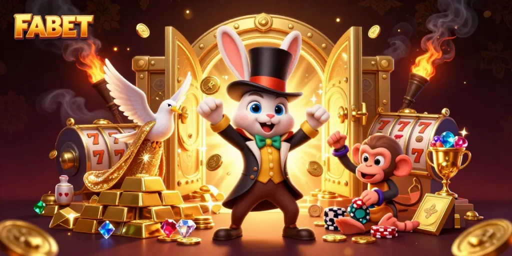 Experience the magic of FABET with a dazzling 3D illustration featuring a magician rabbit and slot treasures.