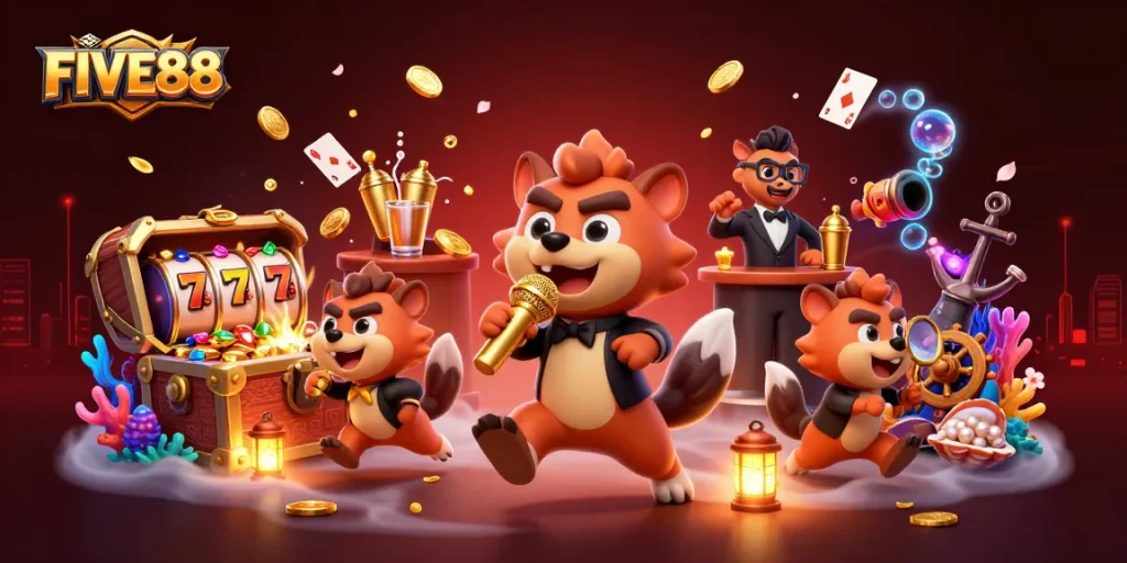 Experience the excitement at FIVE88 casino with hyenas enjoying gaming thrills and laughter.
