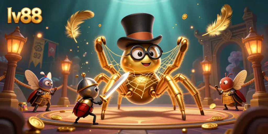 Engage with lv88's vibrant online casino world featuring a golden tarantula and beetle knight in an action-packed scene.