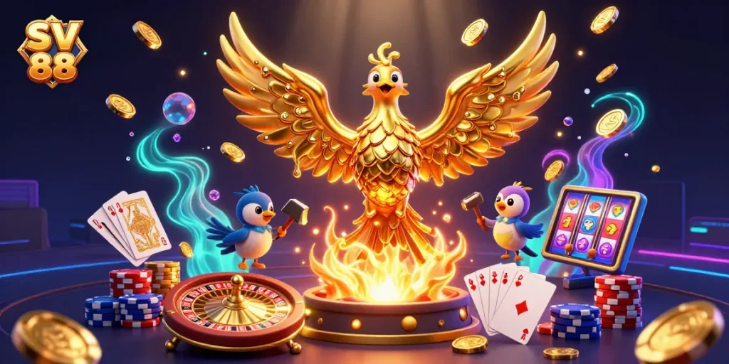 Experience the excitement of SV 88 with golden phoenix and casino elements in dynamic 3D illustration.