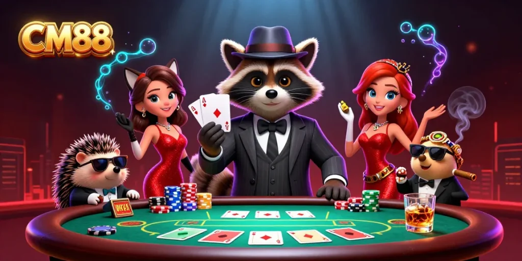 Experience CM88's thrilling poker scene with a suave raccoon, fox lady, and stylish bouncer.