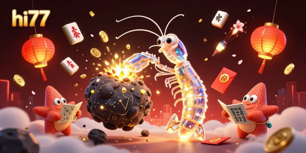 Experience the excitement of HI77 with a cosmic mantis shrimp and starfish navigating a treasure-filled galaxy.