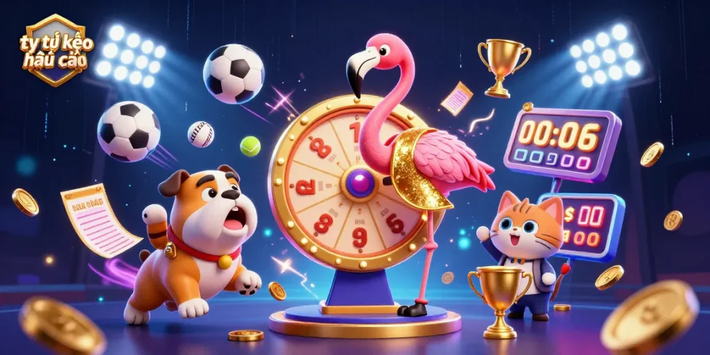 Engaging scene showcasing tỷ lệ kèo nhà cái with excitement from sports betting characters and elements.