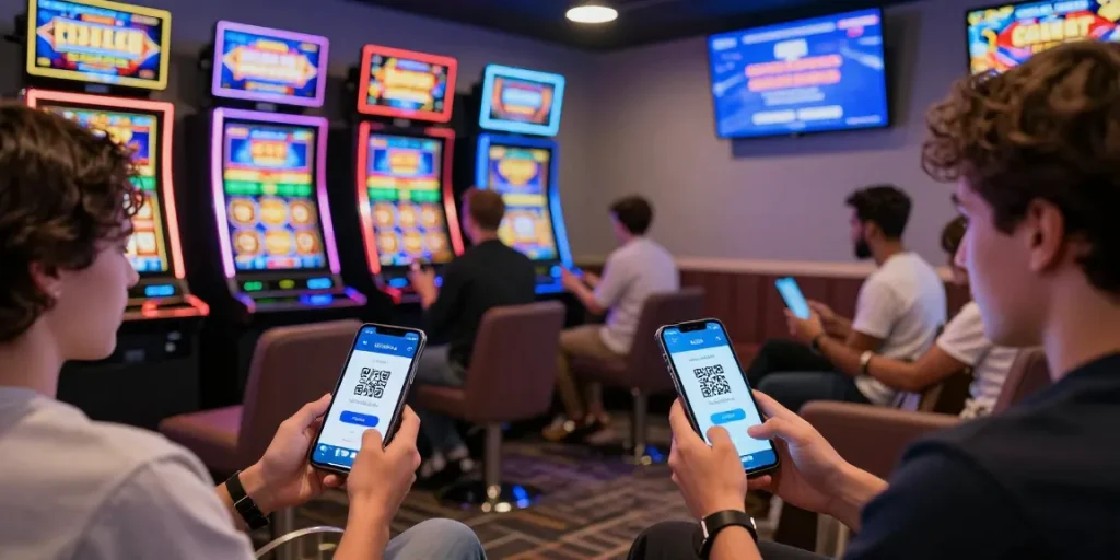 slot7000 platform user engagement with mobile devices and vibrant slot games in a modern gaming lounge
