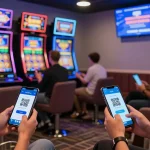 slot7000 platform user engagement with mobile devices and vibrant slot games in a modern gaming lounge