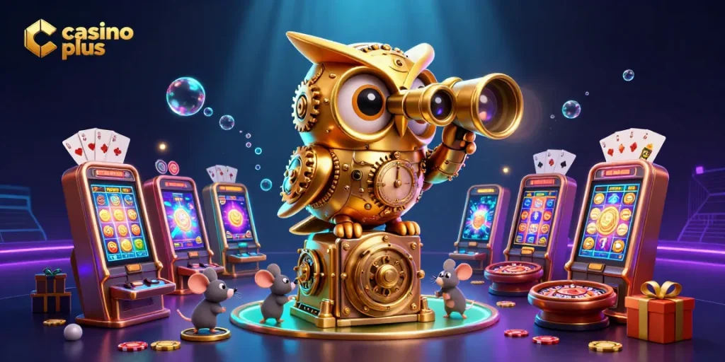 Capture thrilling action at Casino Plus with a vibrant 3D scene featuring a golden owl and gaming elements.