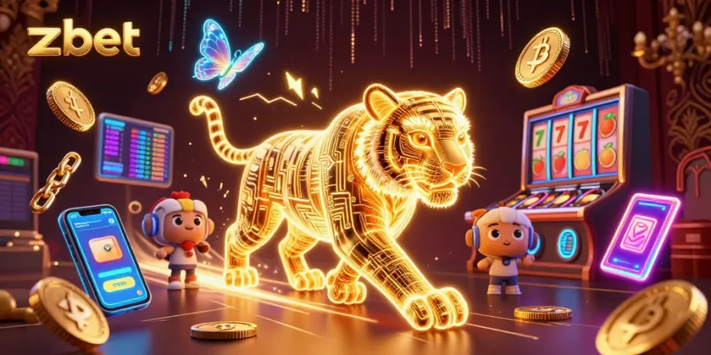 Experience zbet with a vibrant neon casino scene featuring a golden tiger and crypto elements.