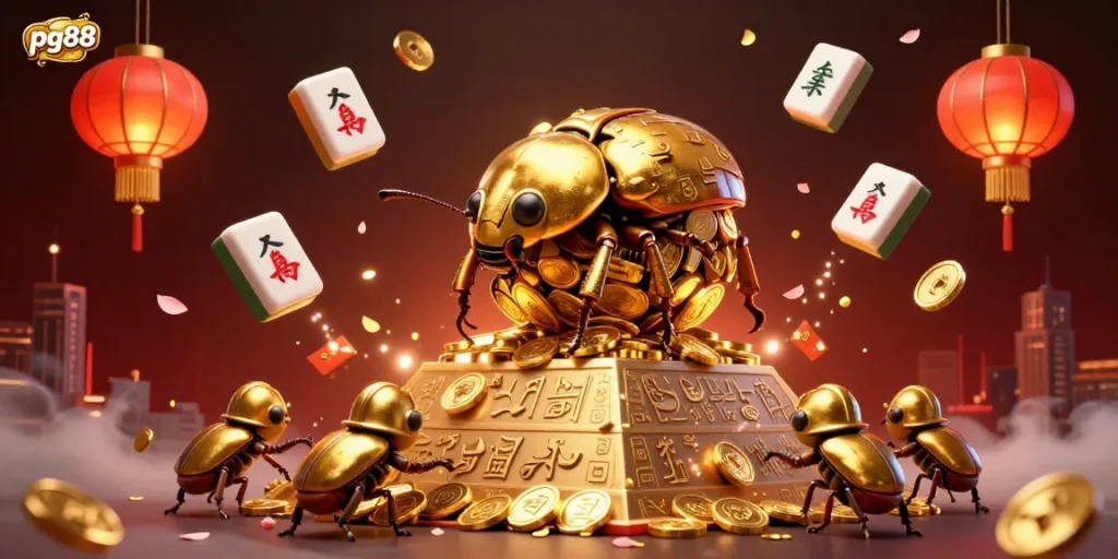 pg88 showcases a dynamic scene of a golden dung beetle rolling coins, surrounded by festive gaming elements.