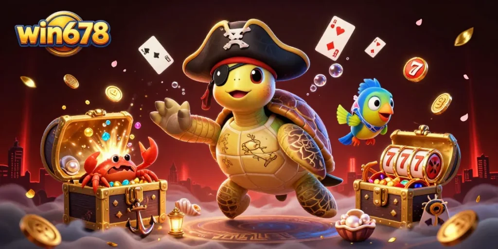 win678 showcases an engaging 3D scene with a cartoon turtle, crab, fish, and exciting casino elements.