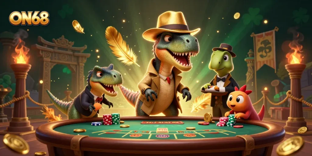 ON68 velociraptor card counter at blackjack table, with a stegosaurus pit boss and a sneaky compy pickpocket.