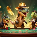ON68 velociraptor card counter at blackjack table, with a stegosaurus pit boss and a sneaky compy pickpocket.
