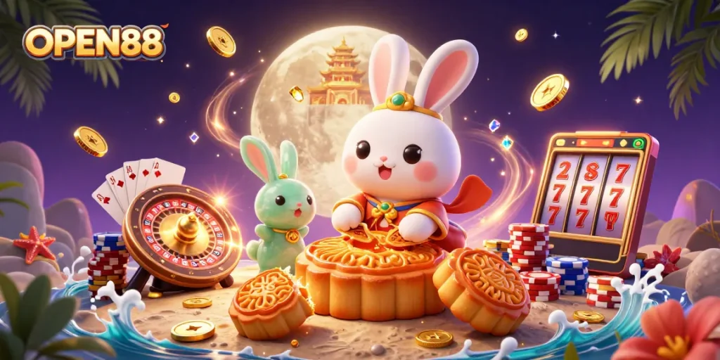 Experience the excitement of OPEN88 with this vibrant 3D casino illustration featuring traditional folklore elements.