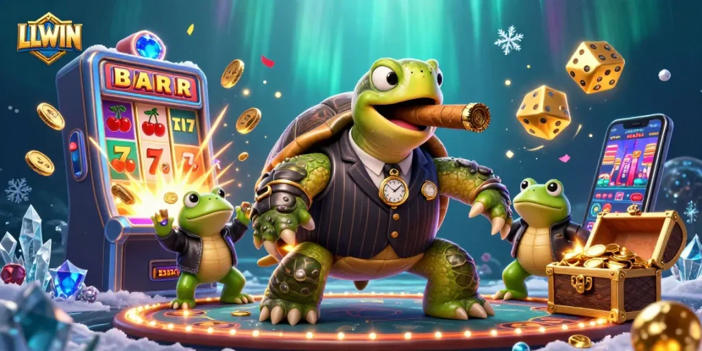 LLWIN brings excitement with a cartoon turtle mobster in a casino-themed illustration