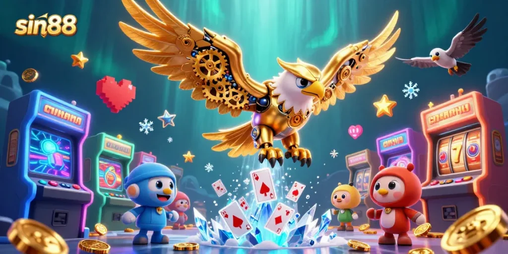 Experience thrilling gameplay with sin88 – a 3D golden eagle amidst vibrant gaming elements.