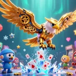 Experience thrilling gameplay with sin88 – a 3D golden eagle amidst vibrant gaming elements.