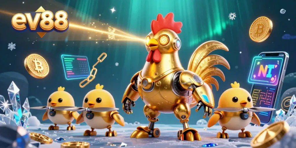 Experience the thrilling ev88 casino adventure with a dynamic illustration featuring a golden rooster robot and crypto elements.