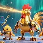 Experience the thrilling ev88 casino adventure with a dynamic illustration featuring a golden rooster robot and crypto elements.