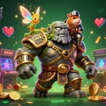 Win678 showcases an ancient stone golem, fairy, and hamster knight in dynamic casino action, full of gaming elements.