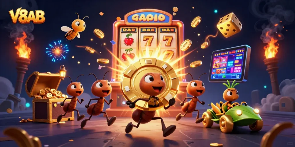 V8AB ants carry a giant poker chip through a dazzling casino scene filled with gold and light.
