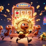 V8AB ants carry a giant poker chip through a dazzling casino scene filled with gold and light.