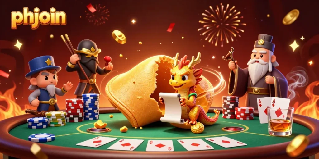 Experience the festive atmosphere at phjoin with a vibrant 3D casino scene featuring exciting poker action.