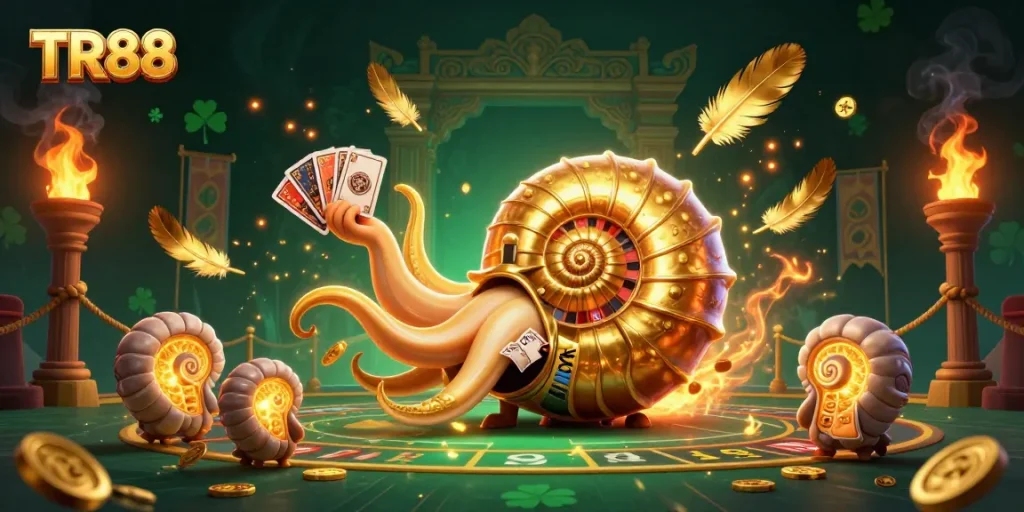 Engage with TR88's thrilling casino action featuring a giant nautilus and glowing ammonite fossils.