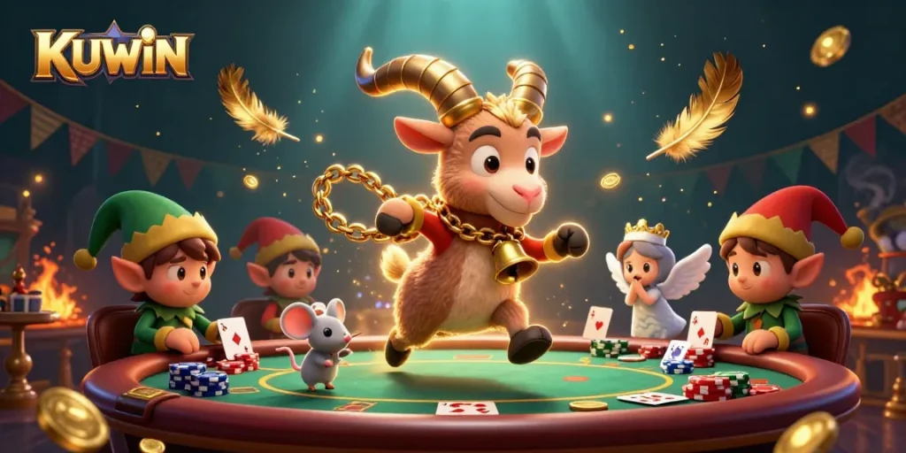 KUWIN's festive horror casino features Krampus, angel mouse, and gremlins stealing chips.