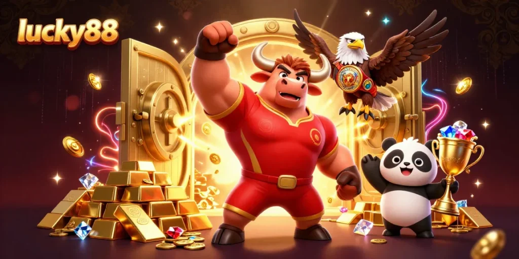Experience the thrill of lucky88 as a bull mascot celebrates with a trophy amidst golden casino treasures.