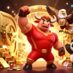 Experience the thrill of lucky88 as a bull mascot celebrates with a trophy amidst golden casino treasures.